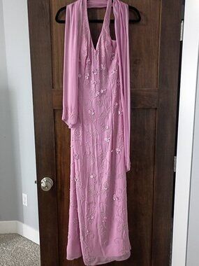 Vintage Scala 77335 Muted Mauve Pink Beaded Gown + Matching Beaded Scarf Size M